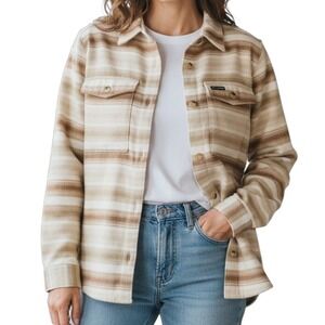 COLUMBIA Women's Flannel Shacket Long Sleeves Button Beige Striped Sz L Gorpcore